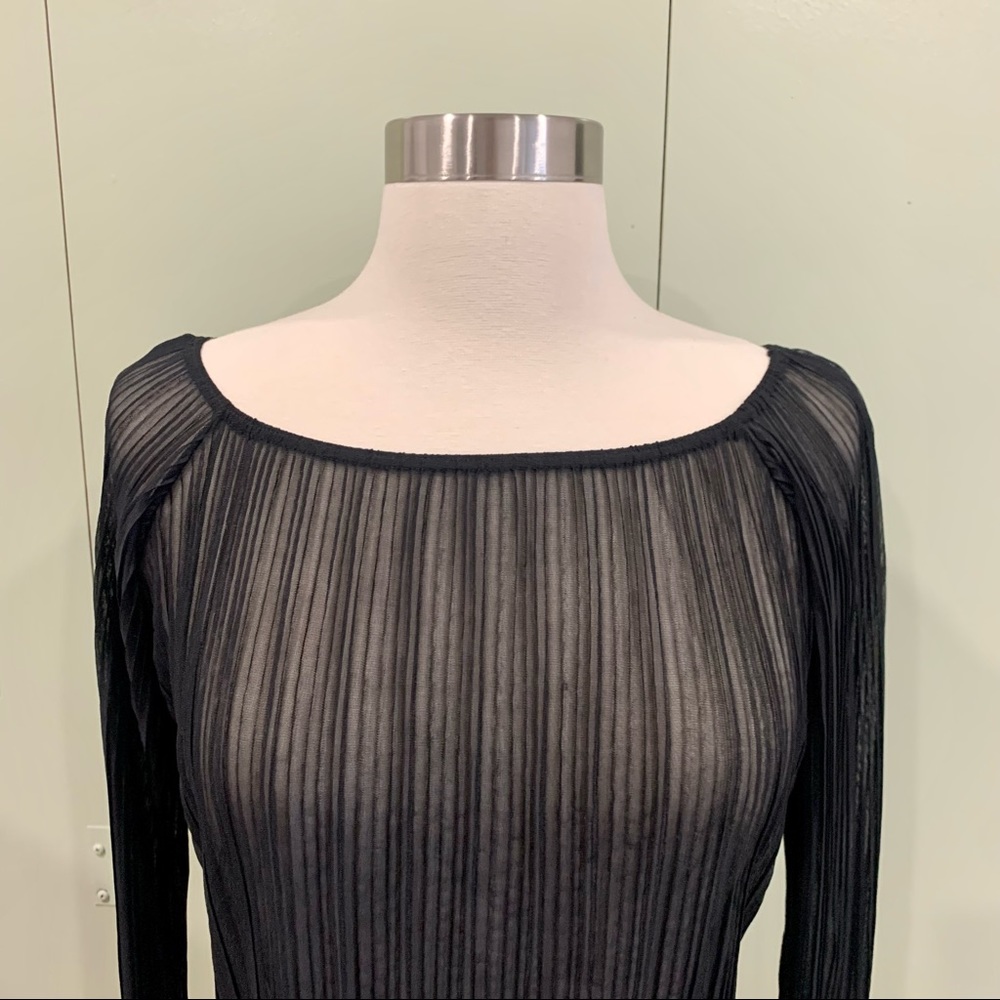 Vintage Y2K Black Sheer Long Sleeve Blouse with Open Tie and Lettuce Hem Sz Med